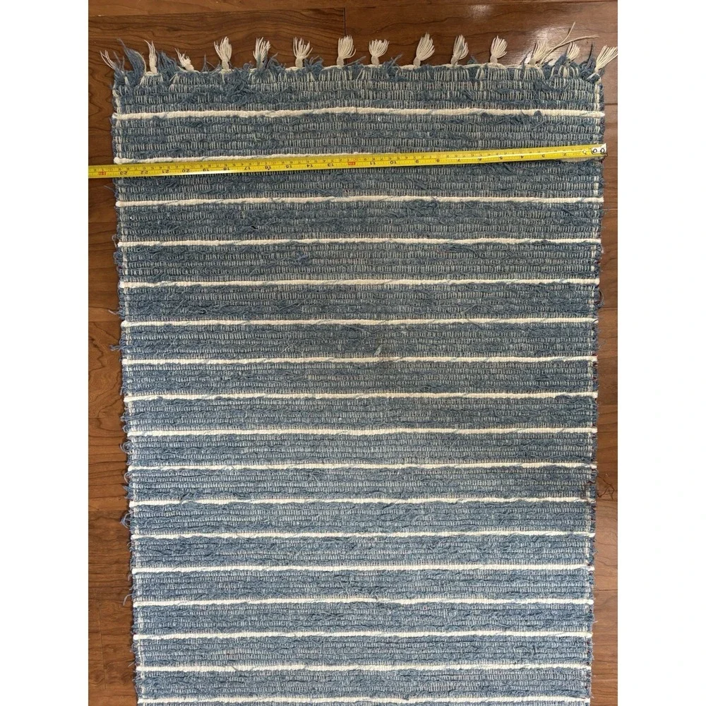 Vintage Braided Woven Striped Rag Rug‎ Blue And Cream 40